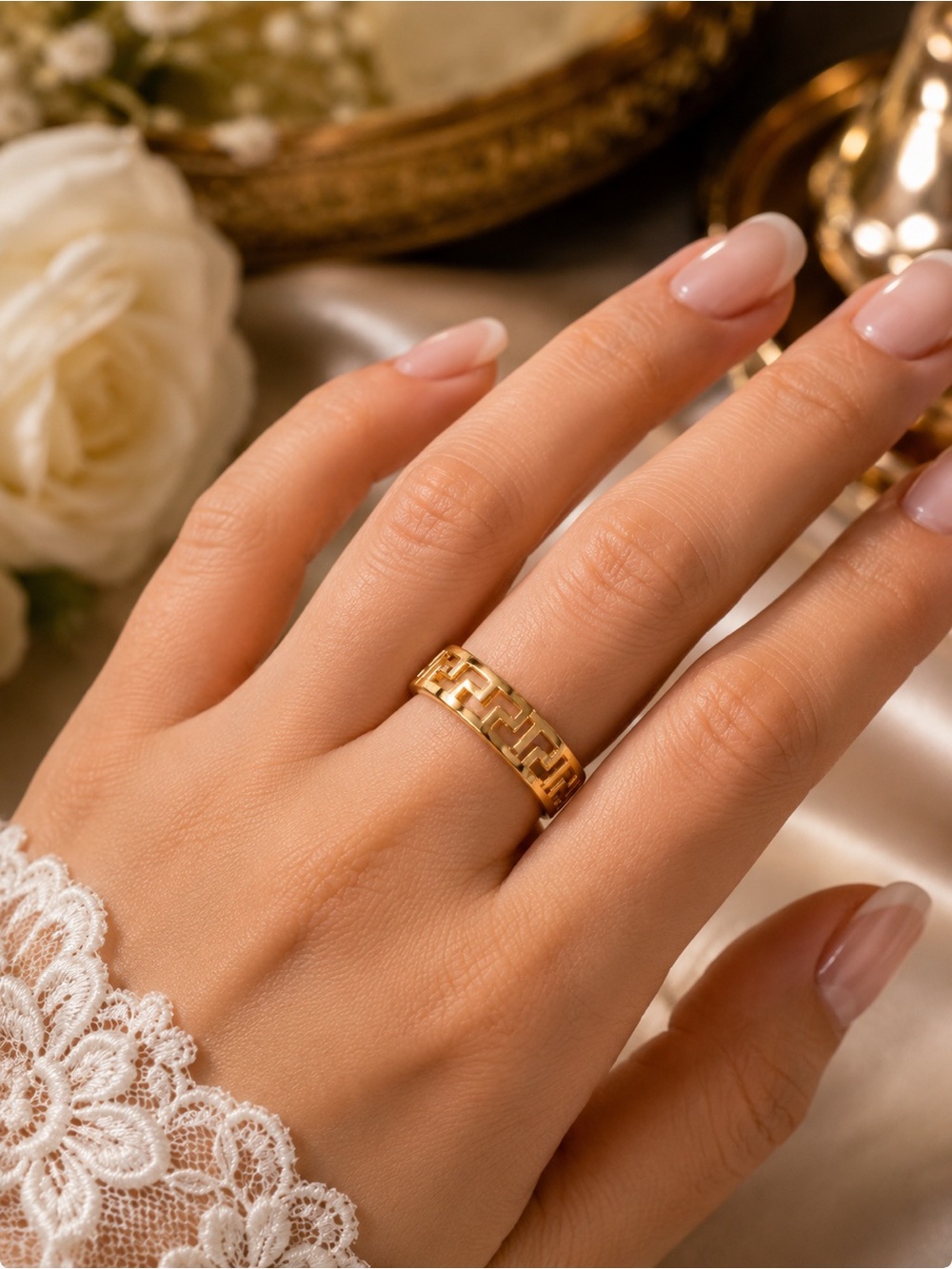 18K Gold Greek Ring Size 4.5, Luxury Designer Inspired Gold Band Ring,
